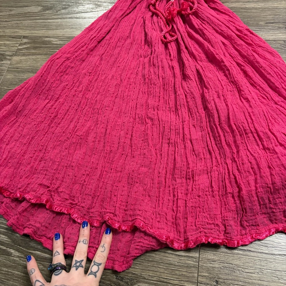 90s does 70s Greek Vintage Cotton Crinkle Midi Maxi Dress w Tie (Pink) O/S M-XL - Picture 5 of 7